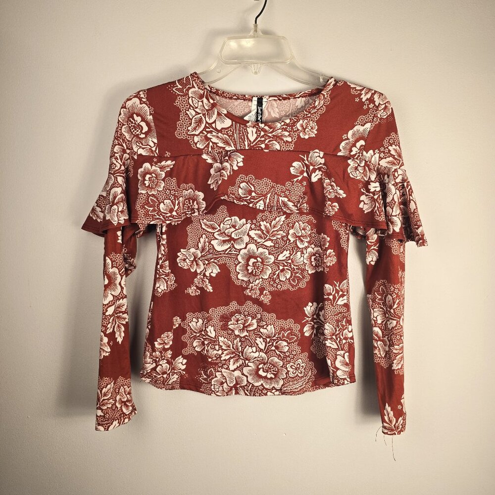Insta Girl Floral Long-Sleeve Shirt Junior Large 14/16 Rust White Ruffle Stretch